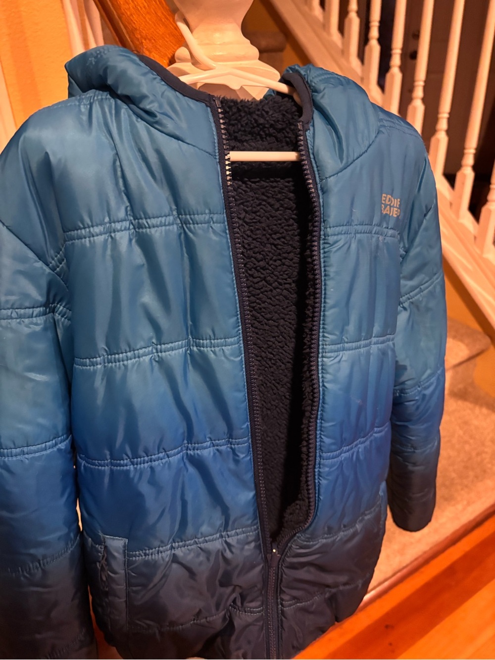 Eddie Bauer Blue Hooded Kids Puffer Jacket with Navy Sherpa